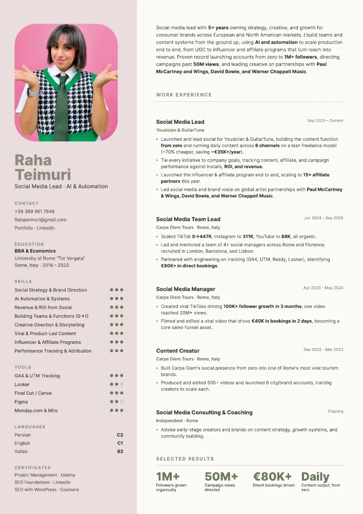 First page of Raha Teimuri's CV